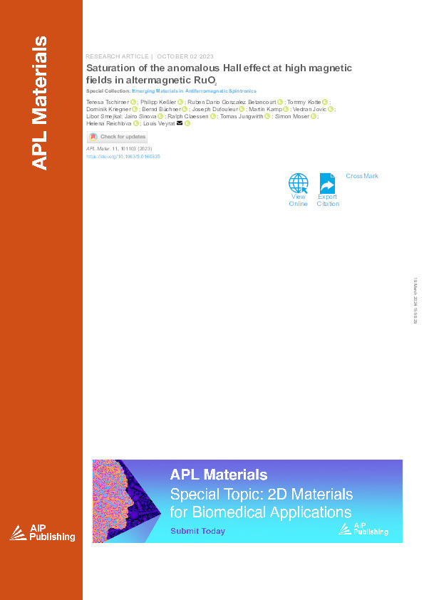 Saturation of the anomalous Hall effect at high magnetic fields in altermagnetic RuO2 Thumbnail