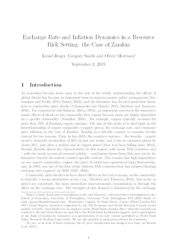 Exchange Rate and Inflation Dynamics in a Resource Rich Setting: The Case of Zambia Thumbnail