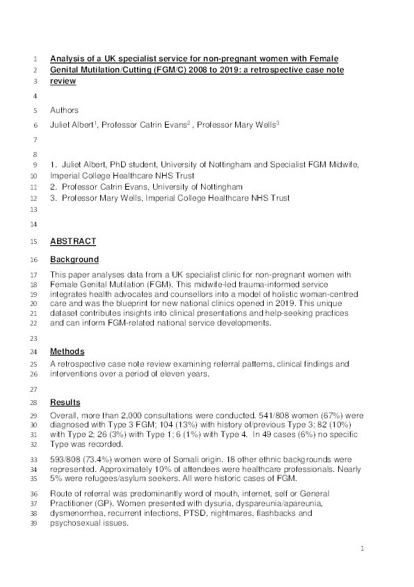 Analysis of a specialist service for non-pregnant women with female genital mutilation: 2008–2019 Thumbnail