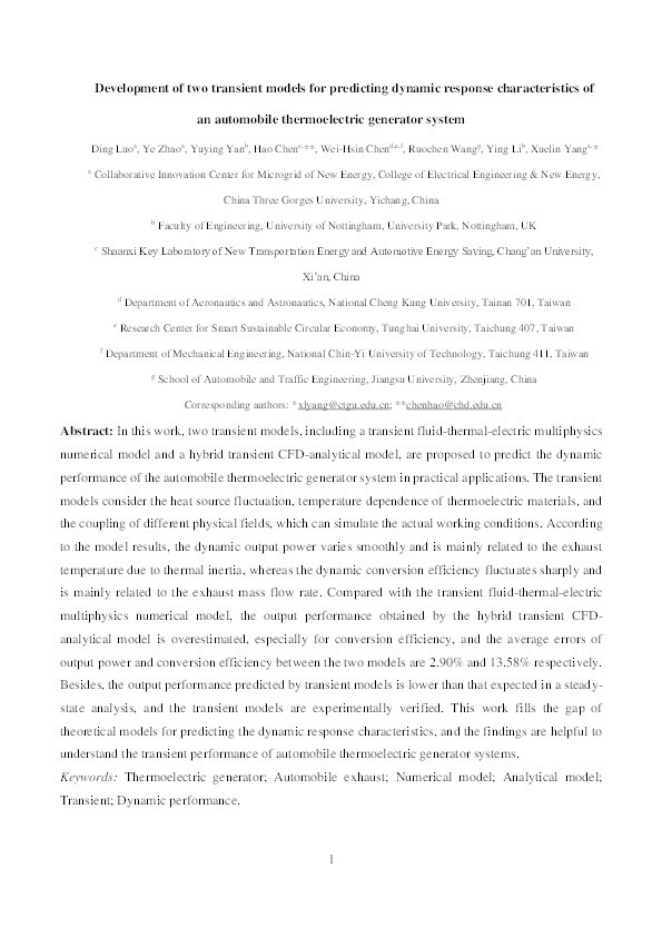 Development of two transient models for predicting dynamic response characteristics of an automobile thermoelectric generator system Thumbnail