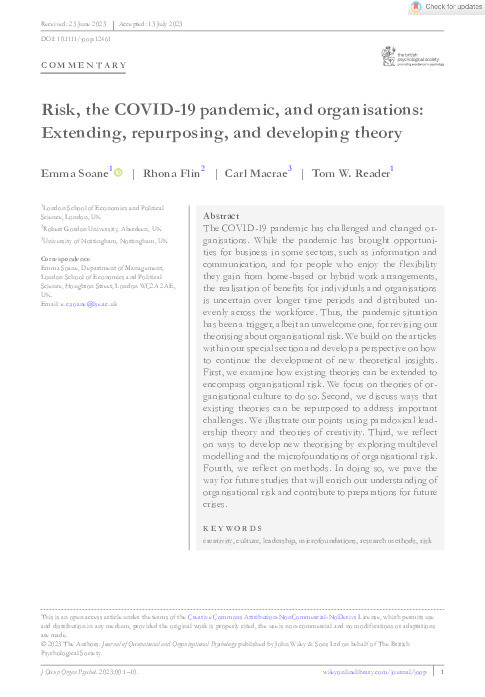 Risk, the COVID-19 pandemic, and organizations: Extending, repurposing, and developing theory Thumbnail