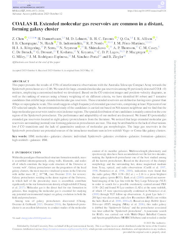 COALAS II. Extended molecular gas reservoirs are common in a distant, forming galaxy cluster Thumbnail