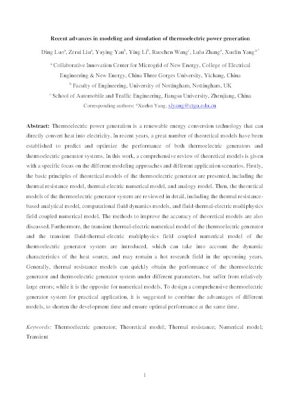 Recent advances in modeling and simulation of thermoelectric power generation Thumbnail