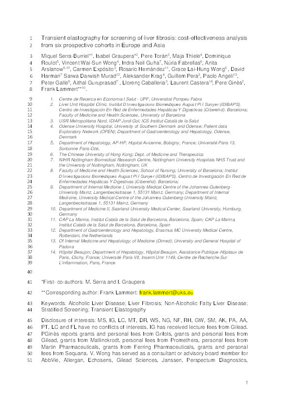 Transient elastography for screening of liver fibrosis: cost-effectiveness analysis from six prospective cohorts in Europe and Asia Thumbnail