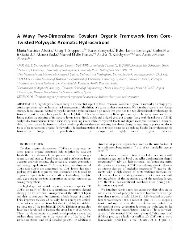 A Wavy Two-Dimensional Covalent Organic Framework from Core-Twisted Polycyclic Aromatic Hydrocarbons Thumbnail