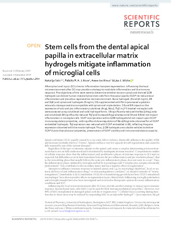 Stem cells from the dental apical papilla in extracellular matrix hydrogels mitigate inflammation of microglial cells Thumbnail