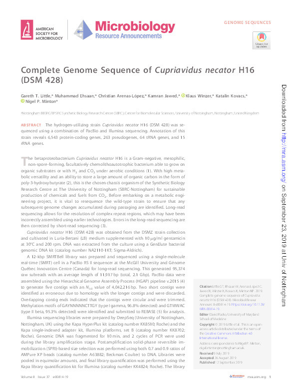 A complete genome sequence of Cupriavidus necator H16 (DSM 428) Thumbnail