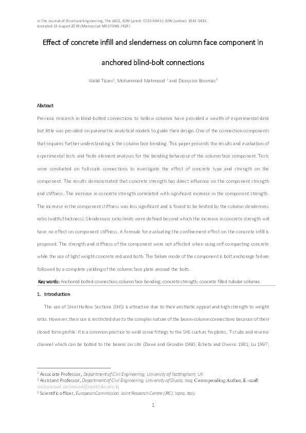 Effect of Concrete Infill and Slenderness on Column-Face Component in Anchored Blind-Bolt Connections Thumbnail