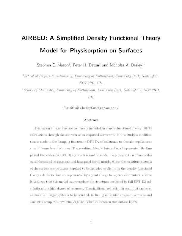 AIRBED: a simpliﬁed density functional theory model for physisorption on surfaces Thumbnail