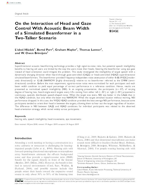On the interaction of head and gaze control with acoustic beam width of a simulated beamformer in a two-talker scenario Thumbnail
