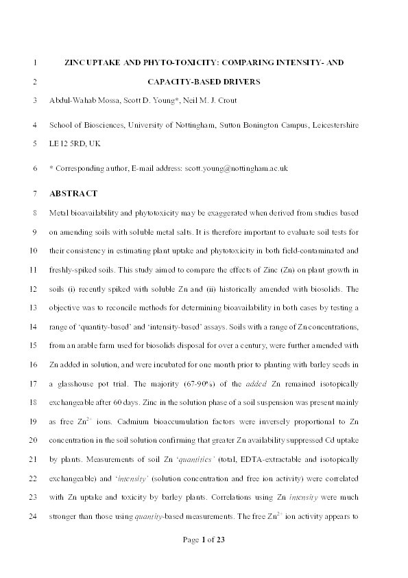 Zinc uptake and phyto-toxicity: Comparing intensity- and capacity-based drivers Thumbnail