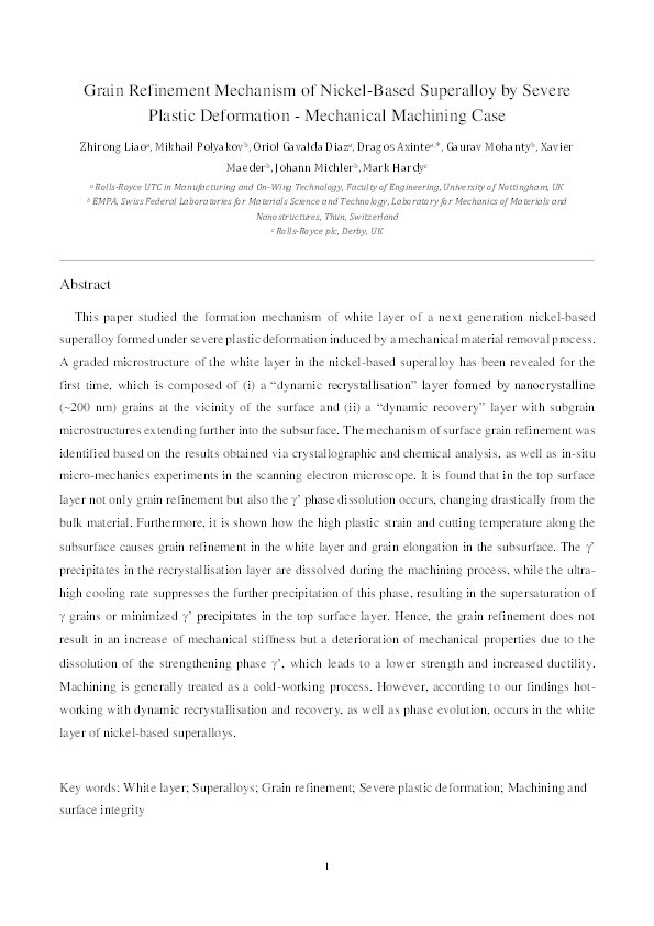 Grain refinement mechanism of nickel-based superalloy by severe plastic deformation - Mechanical machining case Thumbnail