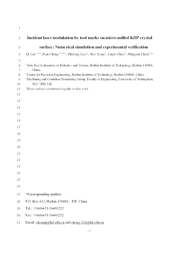 Incident laser modulation by tool marks on micro-milled KDP crystal surface: Numerical simulation and experimental verification Thumbnail