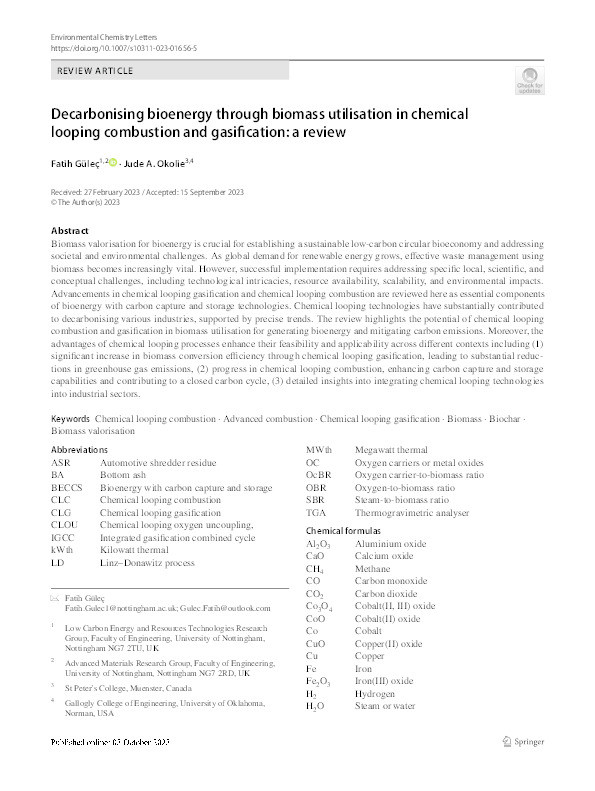 Decarbonising bioenergy through biomass utilisation in chemical looping combustion and gasification: a review Thumbnail