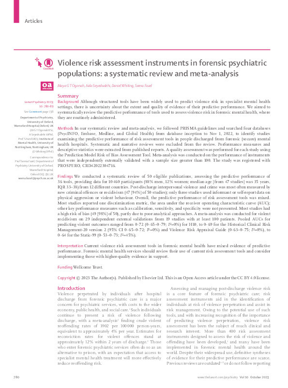 Violence risk assessment instruments in forensic psychiatric populations: a systematic review and meta-analysis Thumbnail