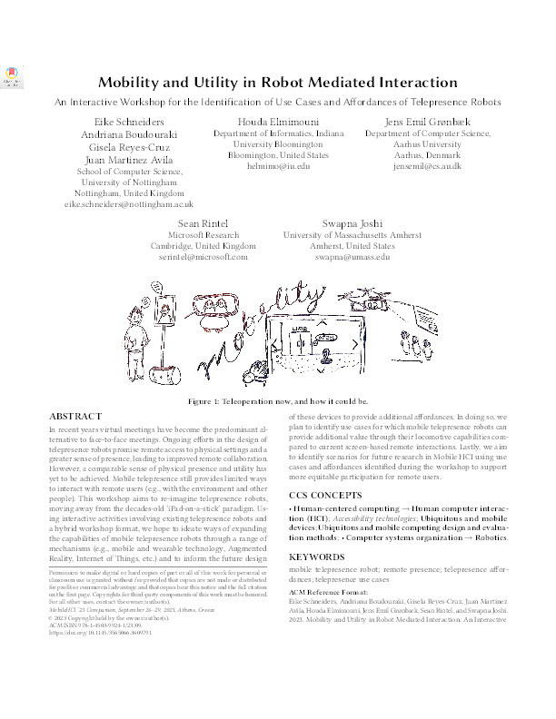 Mobility and Utility in Robot Mediated Interaction: An Interactive Workshop for the Identification of Use Cases and Affordances of Telepresence Robots Thumbnail