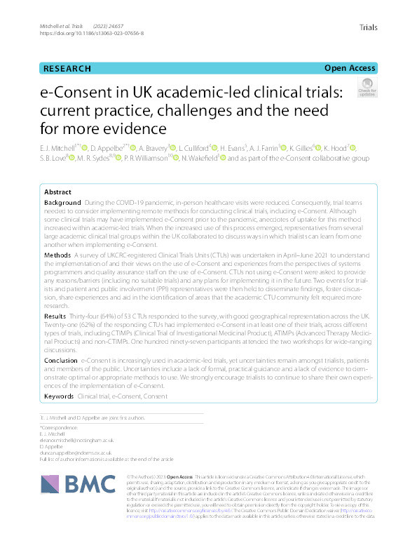 e-Consent in UK academic-led clinical trials: current practice, challenges and the need for more evidence Thumbnail