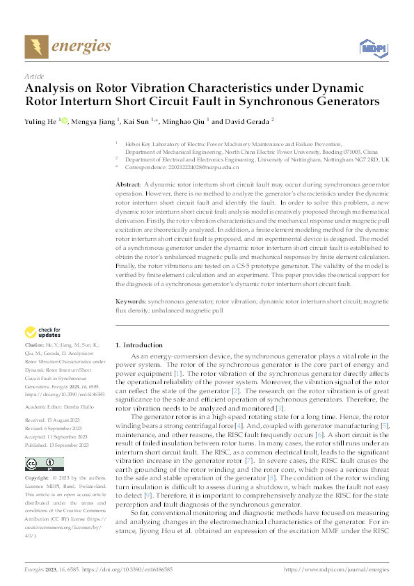 Analysis on Rotor Vibration Characteristics under Dynamic Rotor Interturn Short Circuit Fault in Synchronous Generators Thumbnail