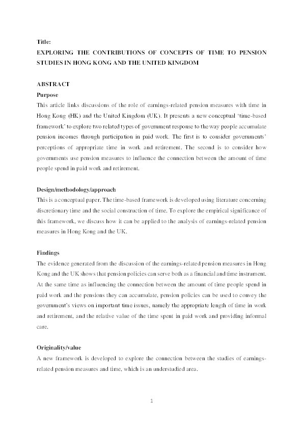 Exploring the contributions of concepts of time to pension studies in Hong Kong and the United Kingdom Thumbnail