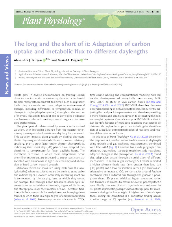 The long and the short of it: Adaptation of carbon uptake and metabolic flux to different daylengths Thumbnail