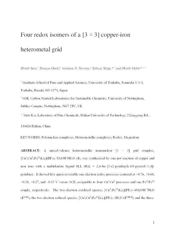 Four Redox Isomers of a [3 × 3] Copper–Iron Heterometal Grid Thumbnail