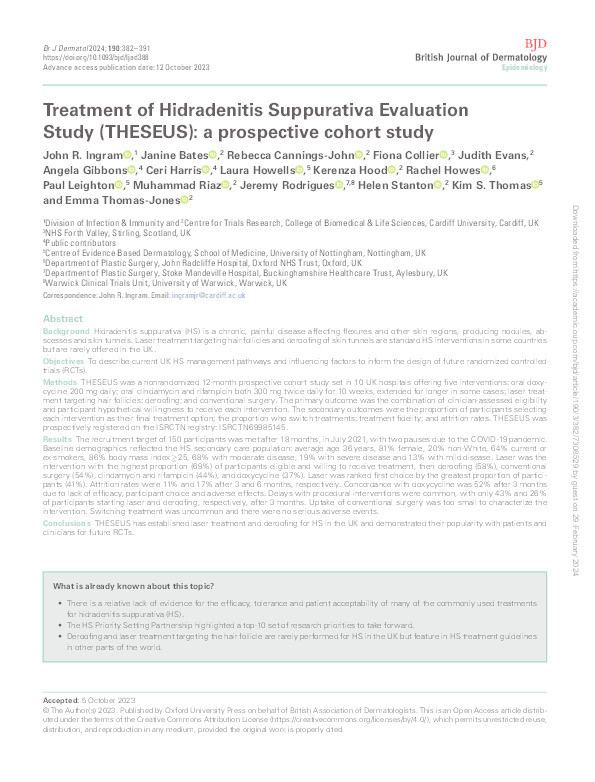 Treatment of Hidradenitis Suppurativa Evaluation Study (THESEUS): a prospective cohort study Thumbnail