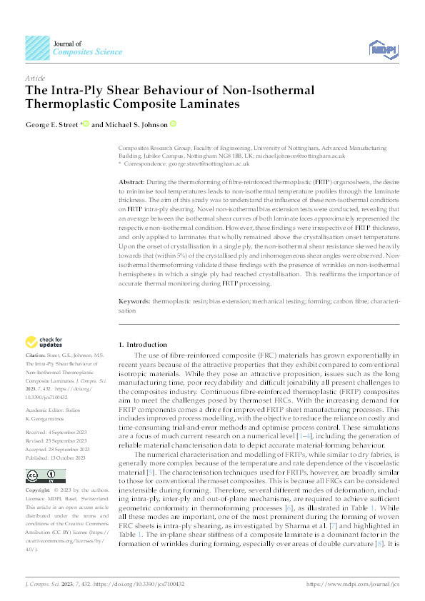 The Intra-Ply Shear Behaviour of Non-Isothermal Thermoplastic Composite Laminates Thumbnail