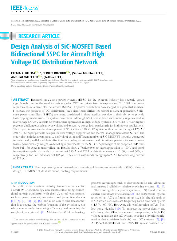 Design Analysis of SiC-MOSFET Based Bidirectional SSPC for Aircraft High Voltage DC Distribution Network Thumbnail