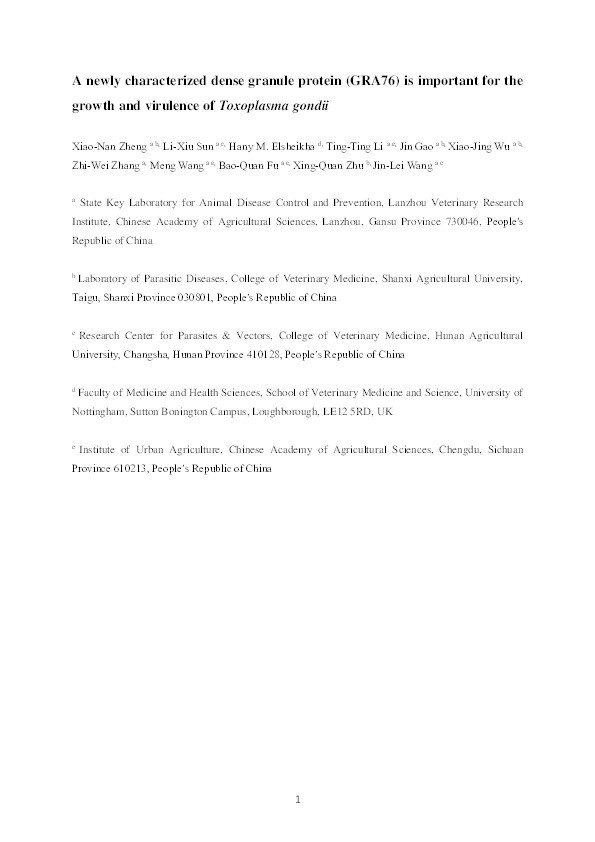 A newly characterized dense granule protein (GRA76) is important for the growth and virulence of Toxoplasma gondii Thumbnail