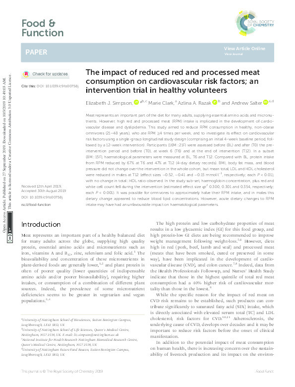 The impact of reduced red and processed meat consumption on cardiovascular risk factors; an intervention trial in healthy volunteers Thumbnail