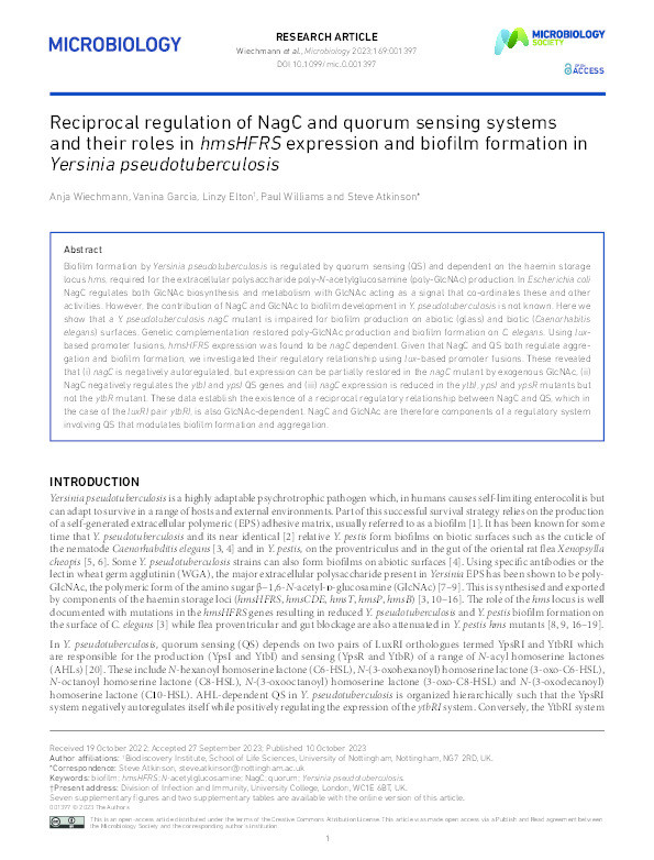 Reciprocal regulation of NagC and quorum sensing systems and their roles in hmsHFRS expression and biofilm formation in Yersinia pseudotuberculosis Thumbnail