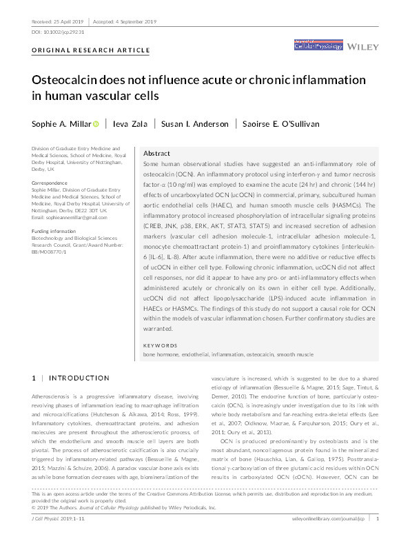 Osteocalcin does not influence acute or chronic inflammation in human vascular cells Thumbnail