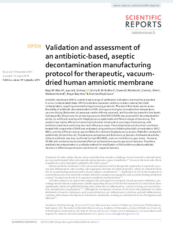 Validation and assessment of an antibiotic-based, aseptic decontamination manufacturing protocol for therapeutic, vacuum-dried human amniotic membrane Thumbnail