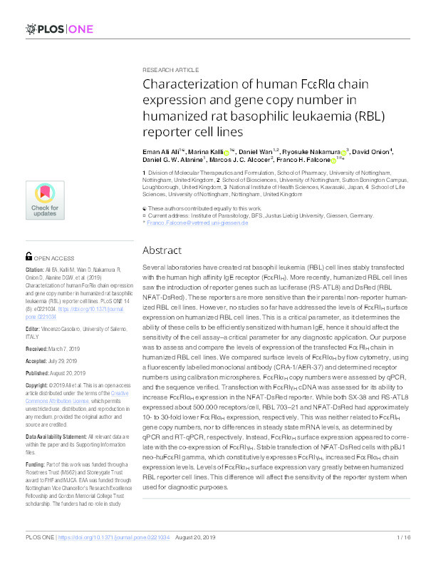 Characterization of human FcεRIα chain expression and gene copy number in humanized rat basophilic leukaemia (RBL) reporter cell lines Thumbnail