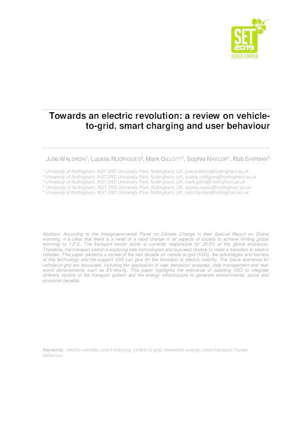 Towards an electric revolution: a review on vehicle- to-grid, smart charging and user behaviour Thumbnail