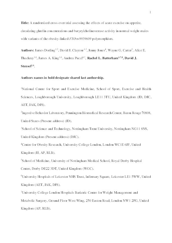 A randomized crossover trial assessing the effects of acute exercise on appetite, circulating ghrelin concentrations, and butyrylcholinesterase activity in normal-weight males with variants of the obesity-linked FTO rs9939609 polymorphism Thumbnail