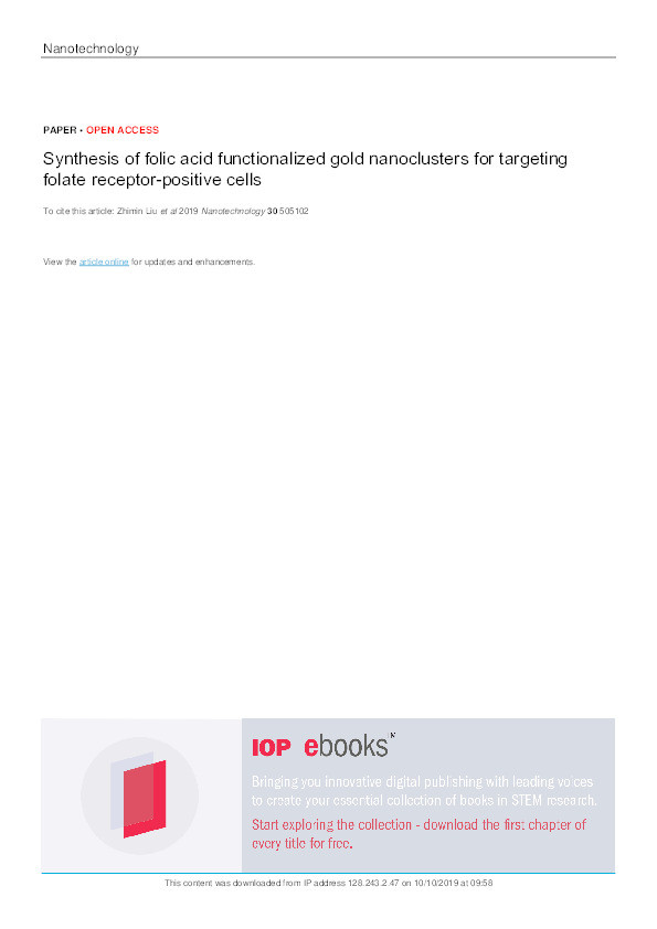 Synthesis of folic acid functionalized gold nanoclusters for targeting folate receptor-positive cells Thumbnail