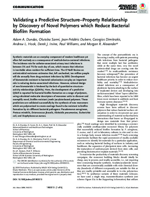 Validating a Predictive Structure-Property Relationship by Discovery of Novel Polymers which Reduce Bacterial Biofilm Formation Thumbnail