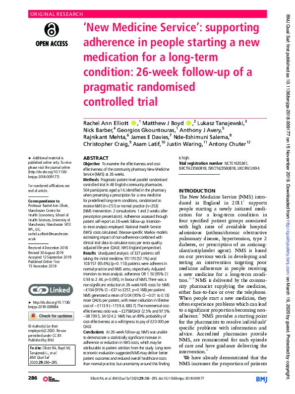 ‘New Medicine Service’: supporting adherence in people starting a new medication for a long-term condition: 26-week follow-up of a pragmatic randomised controlled trial Thumbnail