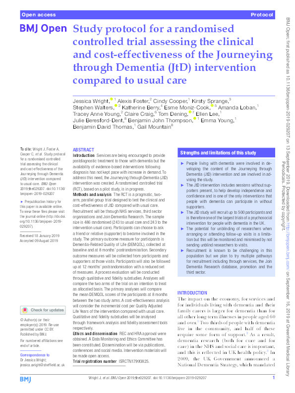 Study protocol for a randomised controlled trial assessing the clinical and cost-effectiveness of the Journeying through Dementia (JtD) intervention compared to usual care Thumbnail