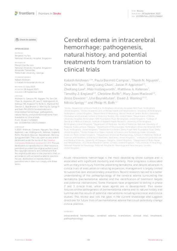 Cerebral edema in intracerebral hemorrhage: pathogenesis, natural history, and potential treatments from translation to clinical trials Thumbnail