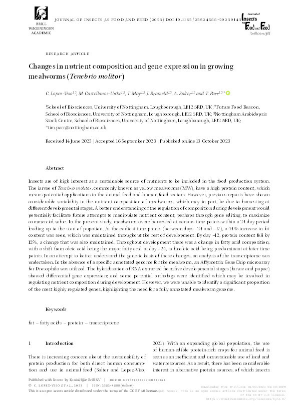 Changes in nutrient composition and gene expression in growing mealworms (Tenebrio molitor) Thumbnail