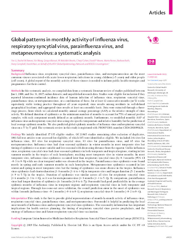 Global patterns in monthly activity of influenza virus, respiratory syncytial virus, parainfluenza virus, and metapneumovirus: a systematic analysis Thumbnail