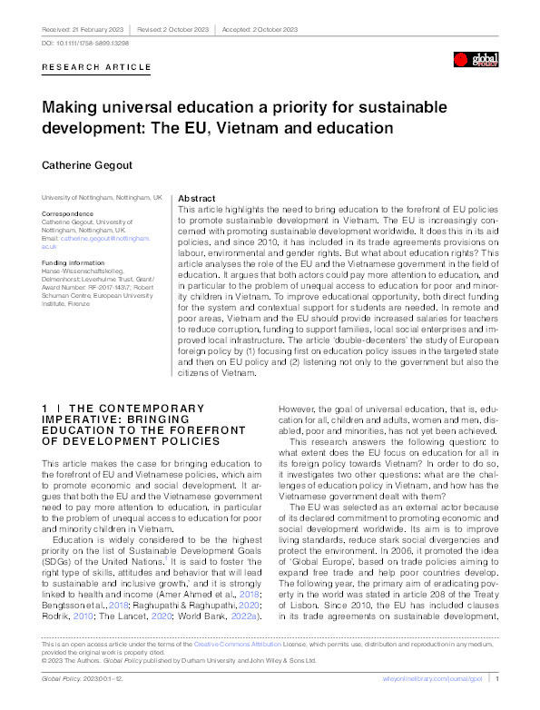 Making universal education a priority for sustainable development: The EU, Vietnam and education Thumbnail