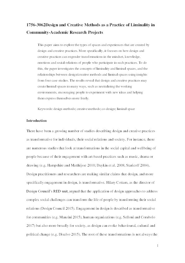 Design and Creative Methods as a Practice of Liminality in Community-Academic Research Projects Thumbnail