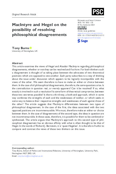 MacIntyre and Hegel on the possibility of resolving philosophical disagreements Thumbnail