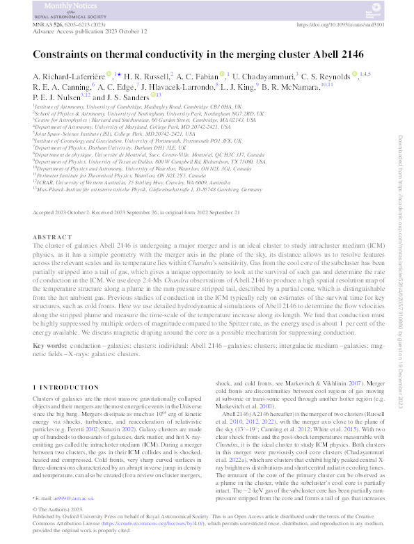 Constraints on thermal conductivity in the merging cluster Abell 2146 Thumbnail