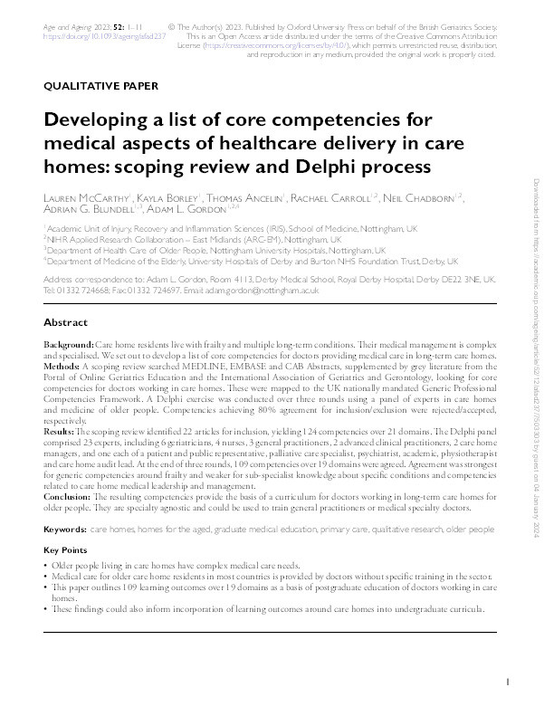 Developing a list of core competencies for medical aspects of healthcare delivery in care homes: scoping review and Delphi process Thumbnail