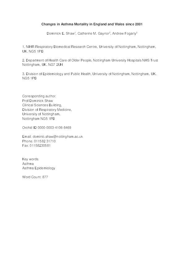 Changes in Asthma Mortality in England and Wales since 2001 Thumbnail