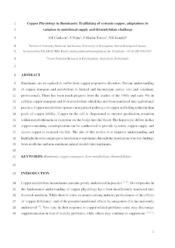 Copper physiology in ruminants:  trafficking of systemic copper, adaptations to variation in nutritional supply and thiomolybdate challenge Thumbnail
